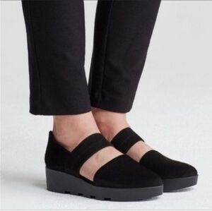Eileen Fisher $150 Suede Leather Marlow Slip On Wedge Mary Janes Size 8.5 Black